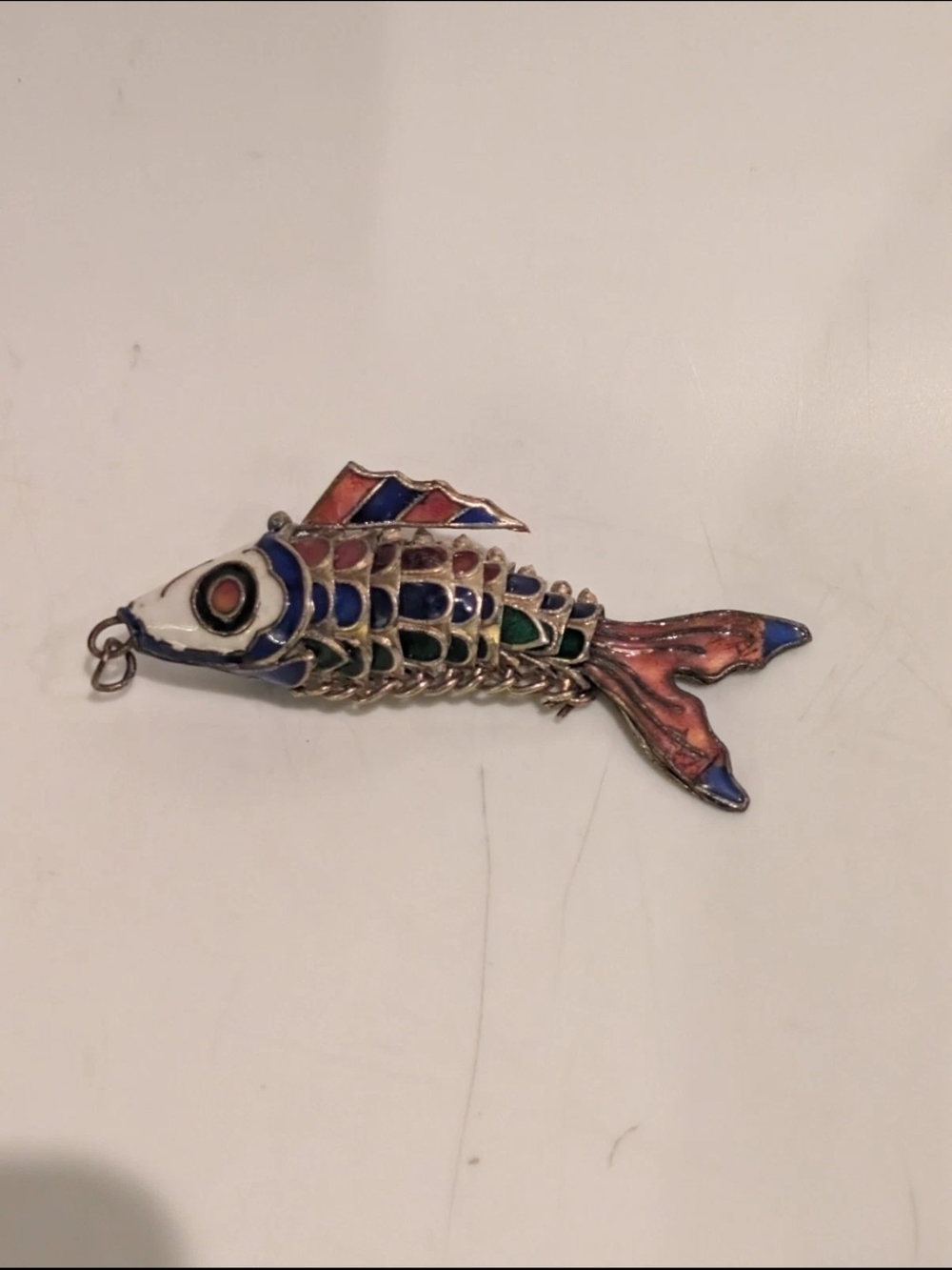 Vintage Chinese Articulated Cloisonne Koi Fish Pendant Multicolor Blue, 2.5"